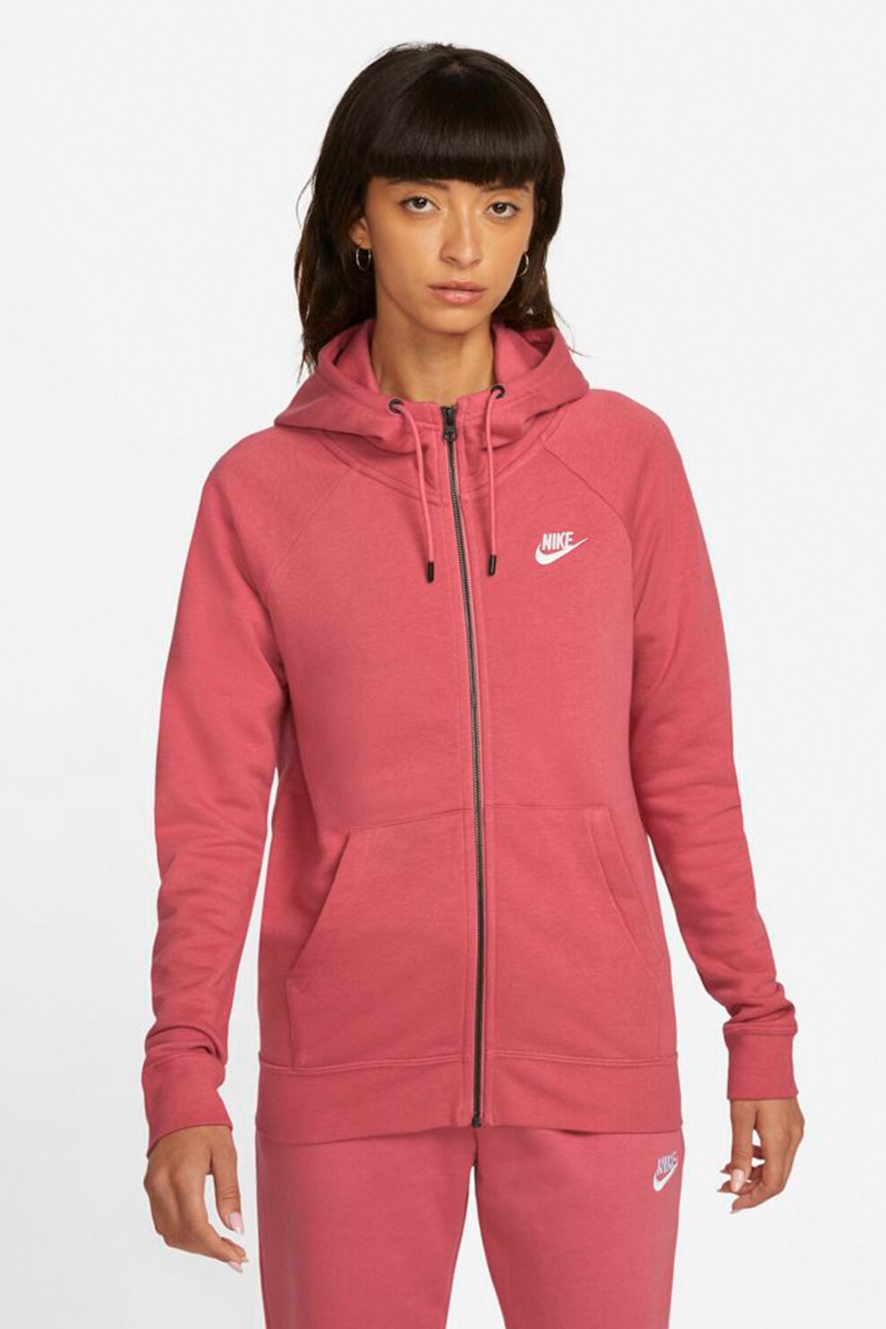 Nike, Hanorac cu fermoar si maneci raglan Essential, Roz/Alb